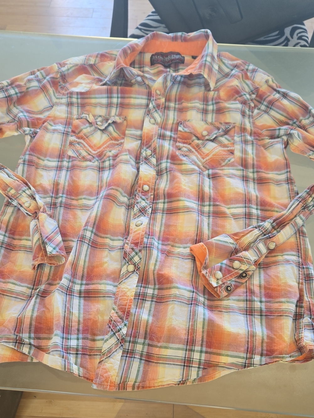 Womens Orange Plaid Button-Down Shirt
